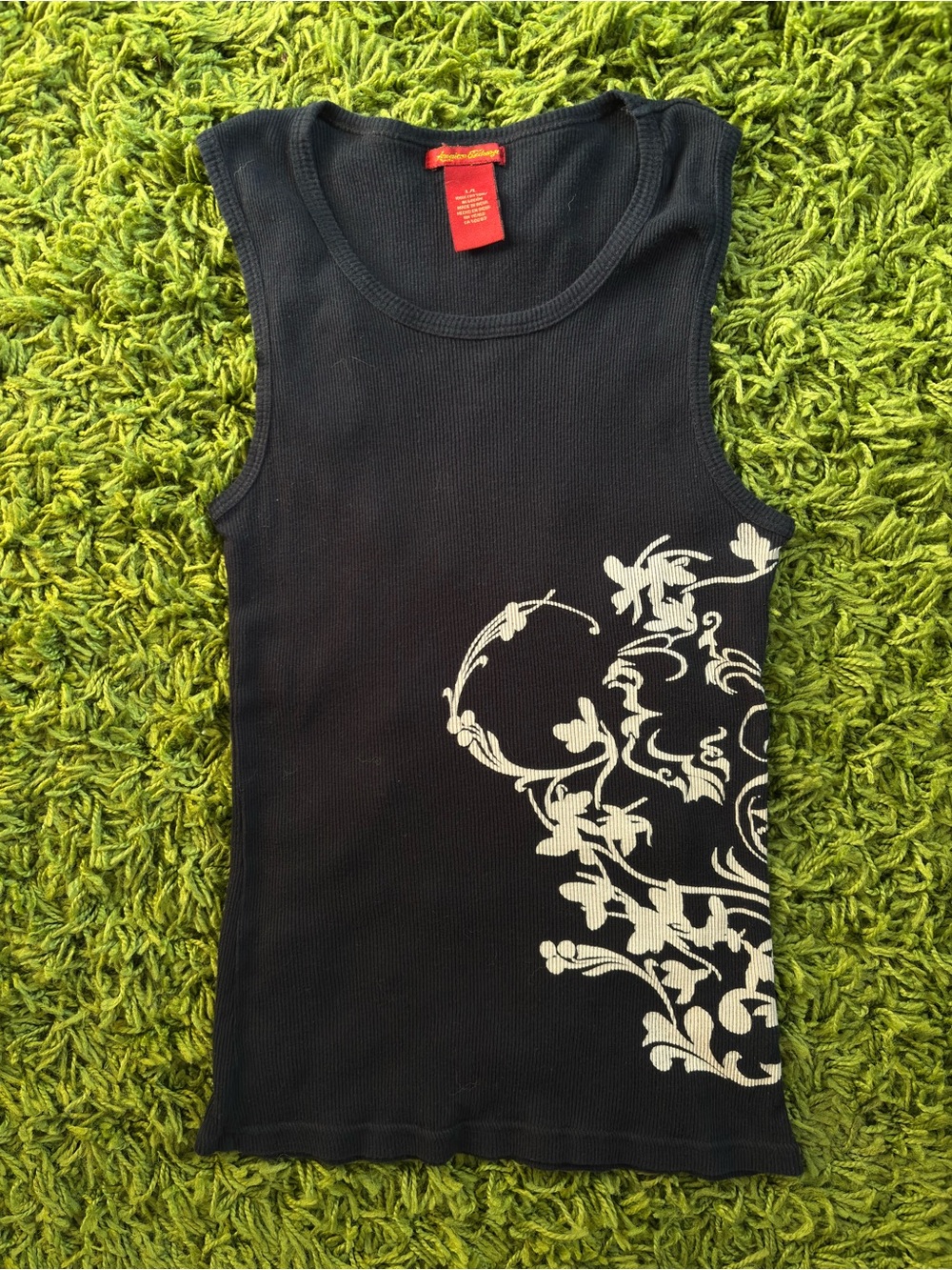 American Exchange Black Ribbed Tank with Cream Floral Scroll